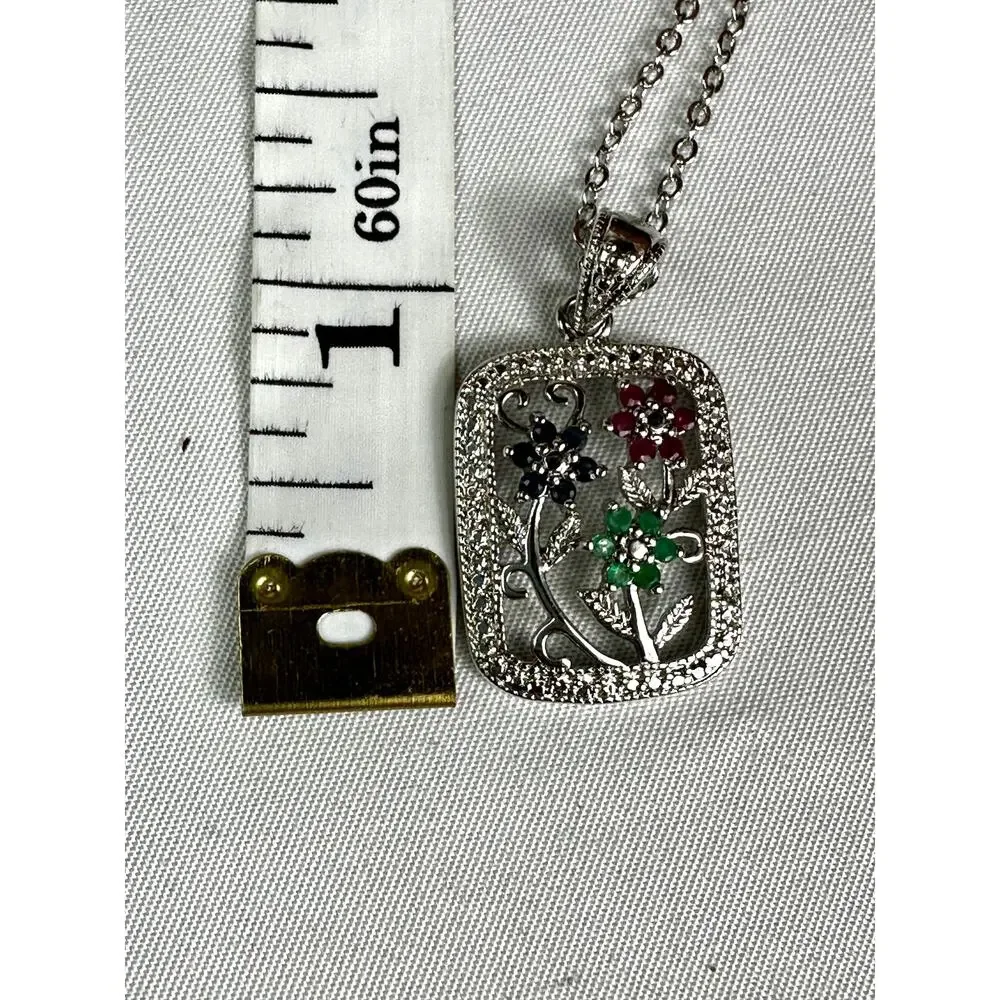 Vintage Floral Gemstone Pendant Necklace Sterling Silver Style